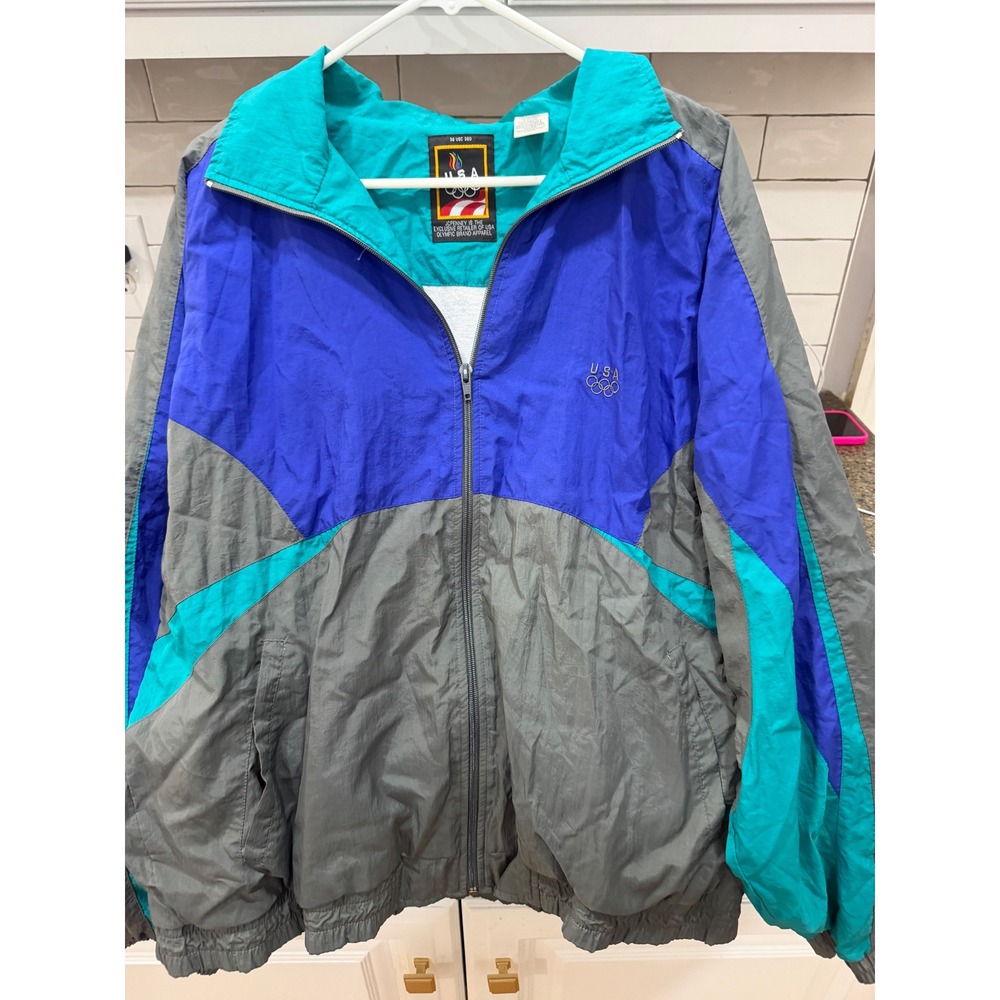 Vintage USA‎ Olympic Windbreaker Jacket JCPenney 90s Colorblock Blue Teal Large